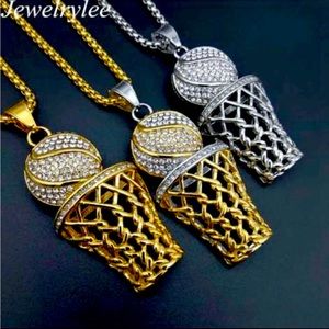 Pave Diamond Like Basketball Hoop and Ball with 27” Chain in Gold or Silver